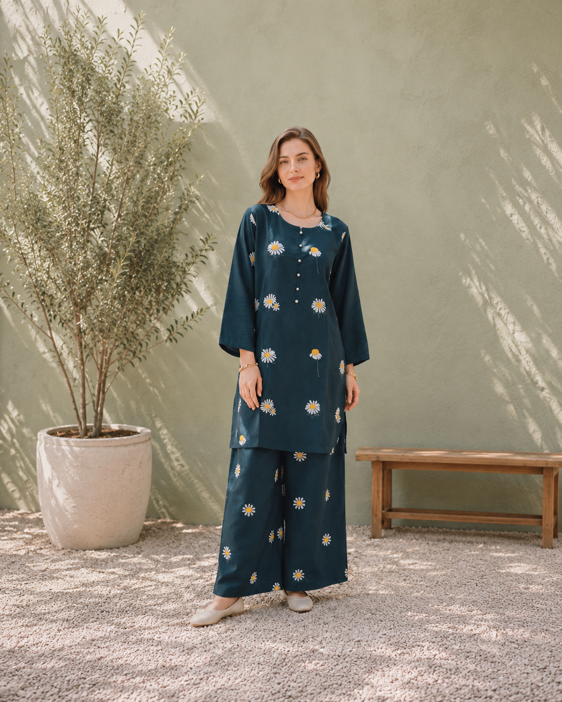 Daisy Flower Green Luxury Embroidered 2 Piece Co-Ord Set