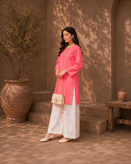 Elegant Tea Pink Kurti with Heart Emboidered Palazzo Set Ethnic Outfit.