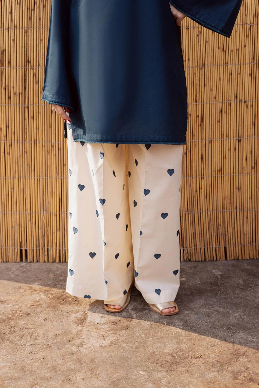 Elagant Navy Blue Kurti With Heart Embroidered Trouser Co-ord Set |