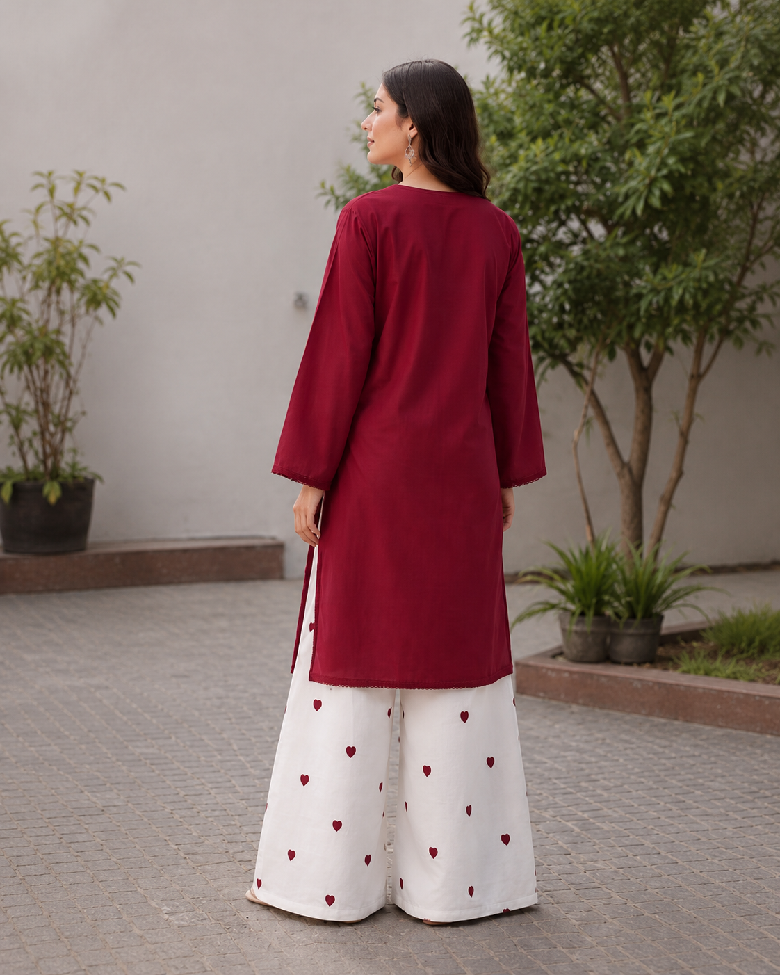 Elegant Maroon Kurti with Heart Print Palazzo Set Ethnic Outfit