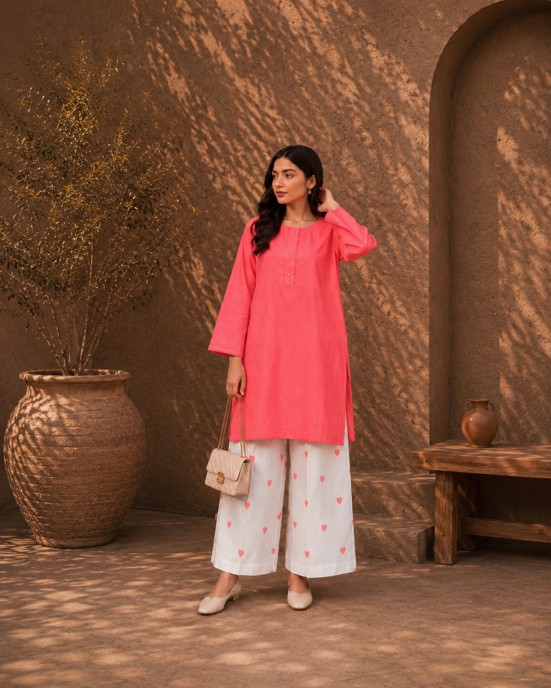 Elegant Tea Pink Kurti with Heart Emboidered Palazzo Set Ethnic Outfit.