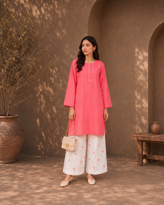 Elegant Tea Pink Kurti with Heart Emboidered Palazzo Set Ethnic Outfit.