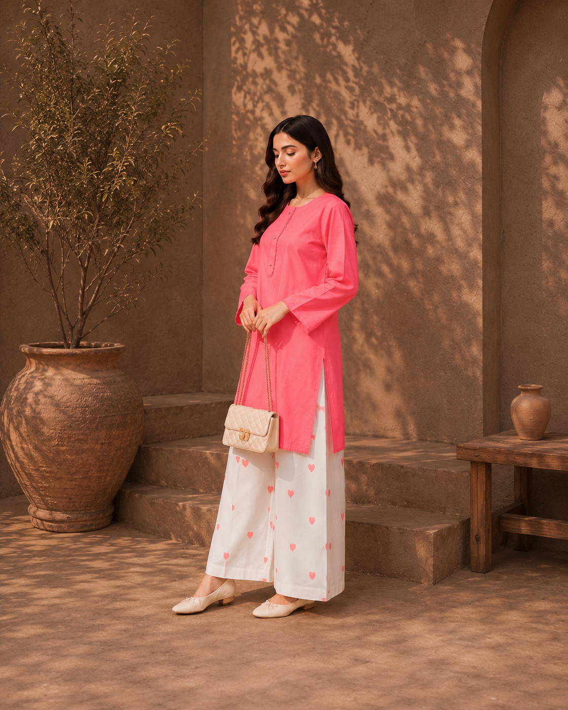 Elegant Tea Pink Kurti with Heart Emboidered Palazzo Set Ethnic Outfit.