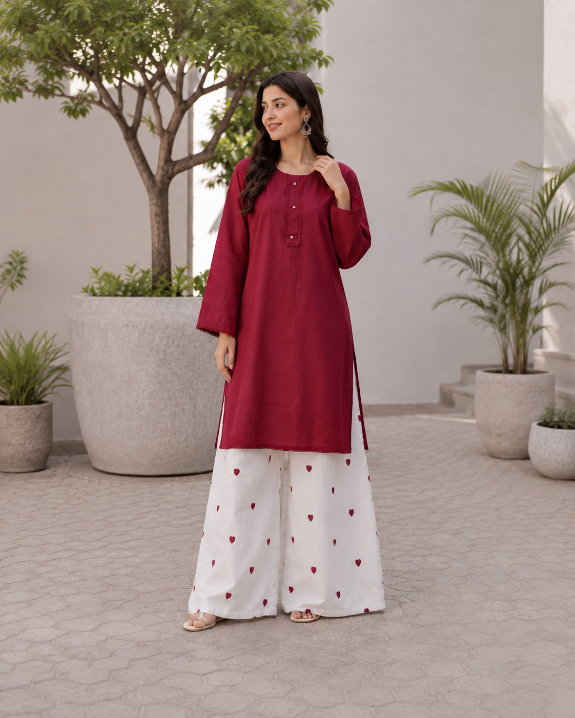Elegant Maroon Kurti with Heart Print Palazzo Set Ethnic Outfit