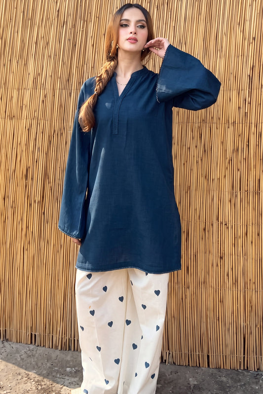 Elagant Navy Blue Kurti With Heart Embroidered Trouser Co-ord Set |