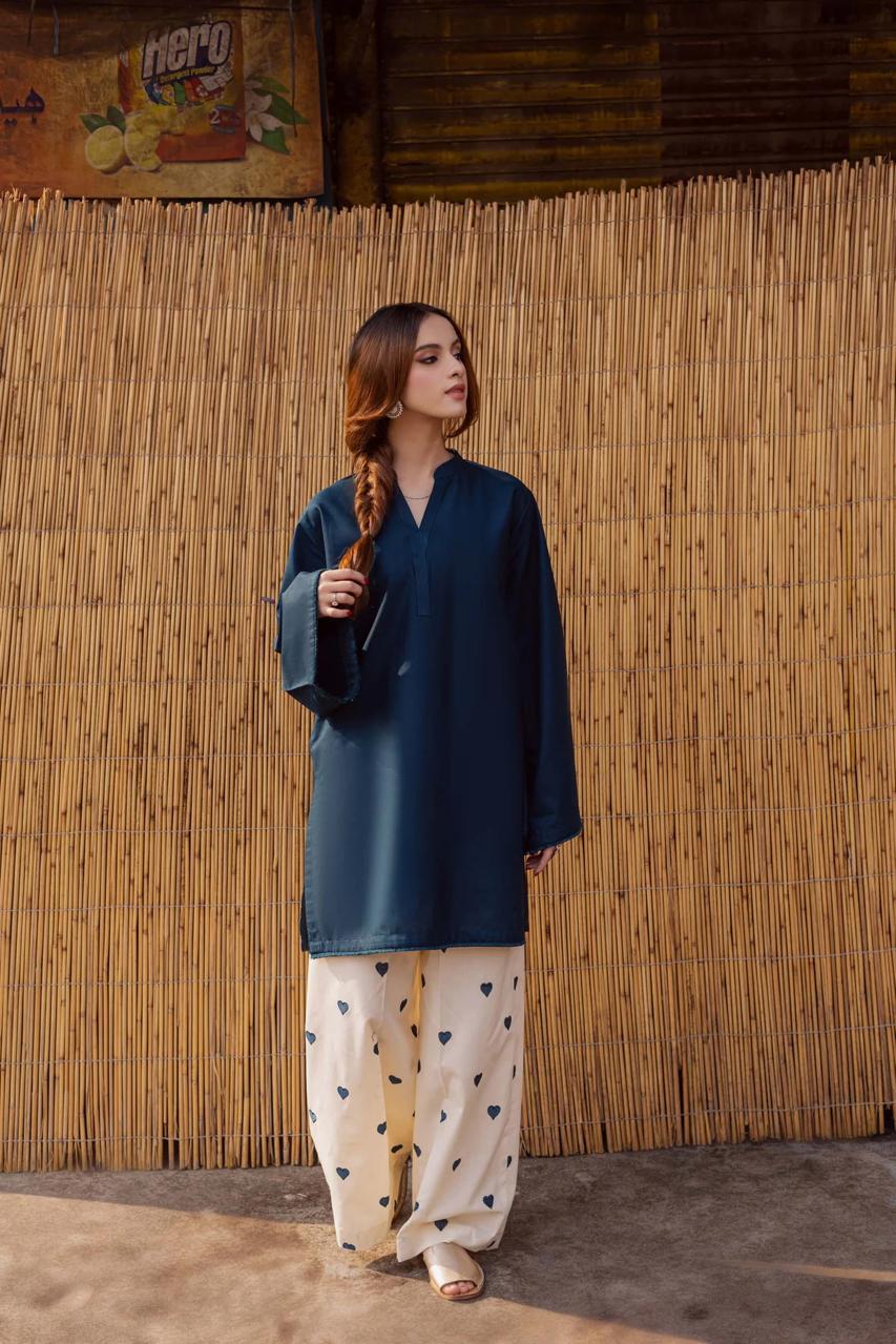 Elagant Navy Blue Kurti With Heart Embroidered Trouser Co-ord Set |