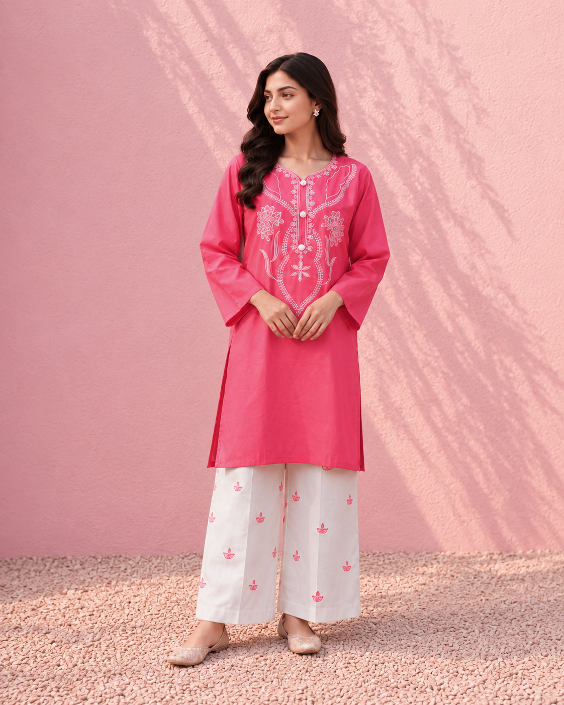 Pink Cotton Embroidered 2 Piece Co-Ord Set