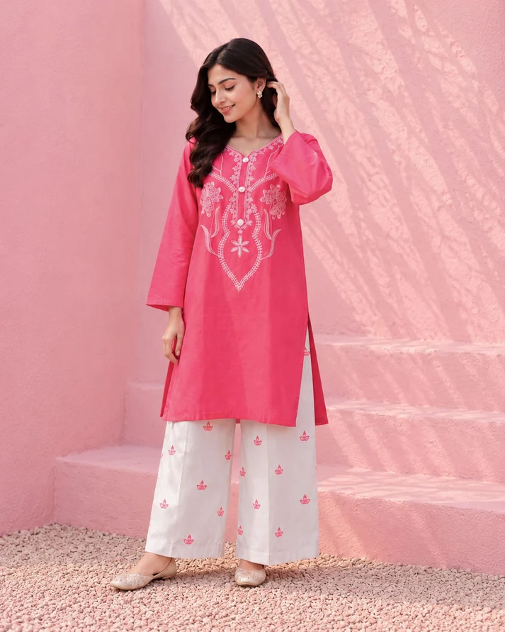 Pink Cotton Embroidered 2 Piece Co-Ord Set - Image 2
