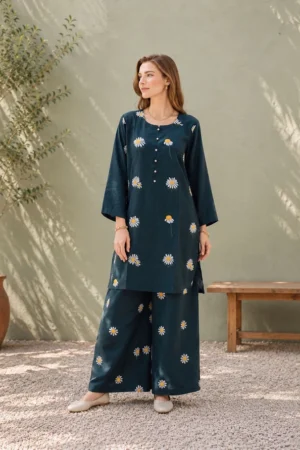 Daisy Flower Green Luxury Embroidered 2 Piece Co-Ord Set