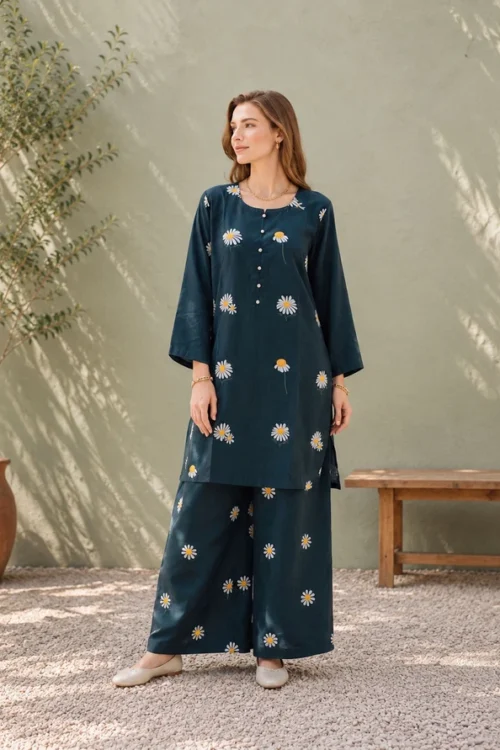 Daisy Flower Green Luxury Embroidered 2 Piece Co-Ord Set