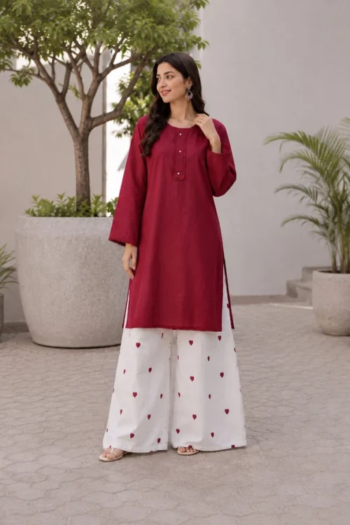 Elegant Maroon Kurti with Heart Print Palazzo Set Ethnic Outfit