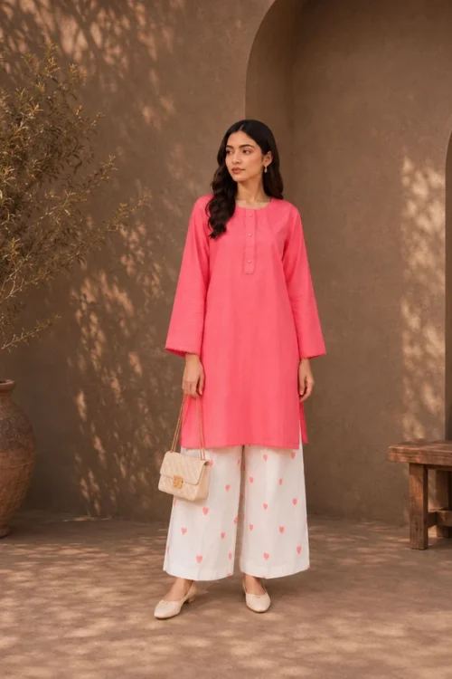 Elegant Tea Pink Kurti with Heart Emboidered Palazzo Set Ethnic Outfit.