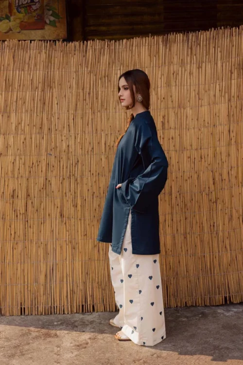 Elagant Navy Blue Kurti With Heart Embroidered Trouser Co-ord Set |