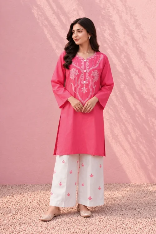 Pink Cotton Embroidered 2 Piece Co-Ord Set