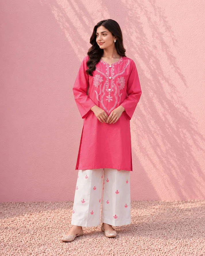 Pink Cotton Embroidered 2 Piece Co-Ord Set